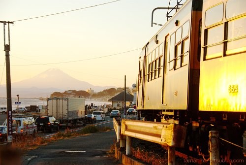 夕陽、バス窓、富士山
